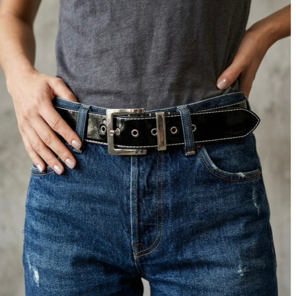 Vintage Levis Black Patent Leather Belt Mens Womens Silver Buckle Made in USA